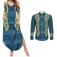 Hawai'i Paniolo Maile Twisted Lei Couples Matching Summer Maxi Dress and Long Sleeve Button Shirt Cobalt Blue LT7 Cobalt Blue - Polynesian Pride