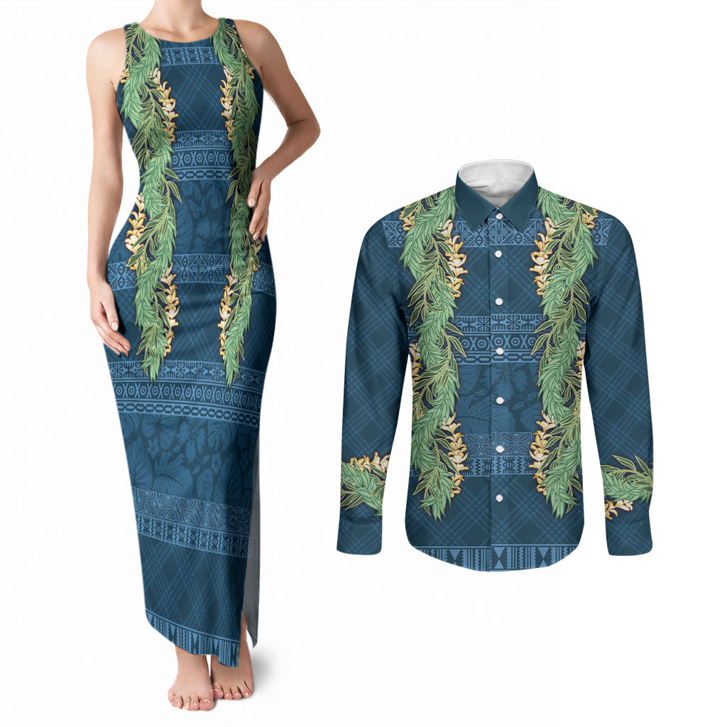 Hawai'i Paniolo Maile Twisted Lei Couples Matching Tank Maxi Dress and Long Sleeve Button Shirt Cobalt Blue LT7 Cobalt Blue - Polynesian Pride