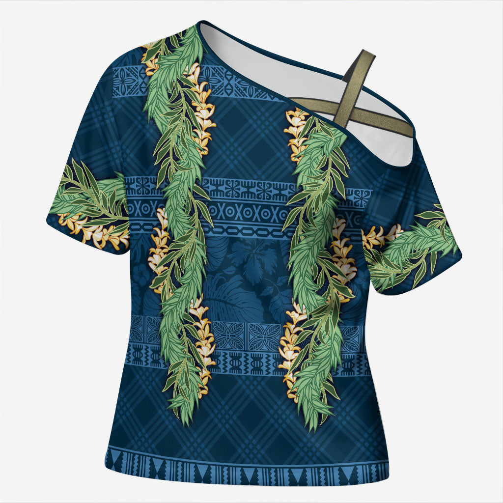 Hawai'i Paniolo Maile Twisted Lei Cross Shoulder Shirt Cobalt Blue