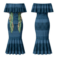 Hawai'i Paniolo Maile Twisted Lei Family Matching Mermaid Dress and Hawaiian Shirt Cobalt Blue LT7 Mom's Dress Cobalt Blue - Polynesian Pride