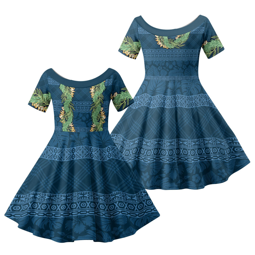 Hawai'i Paniolo Maile Twisted Lei Family Matching Mermaid Dress and Hawaiian Shirt Cobalt Blue LT7 Daughter's Dress Cobalt Blue - Polynesian Pride