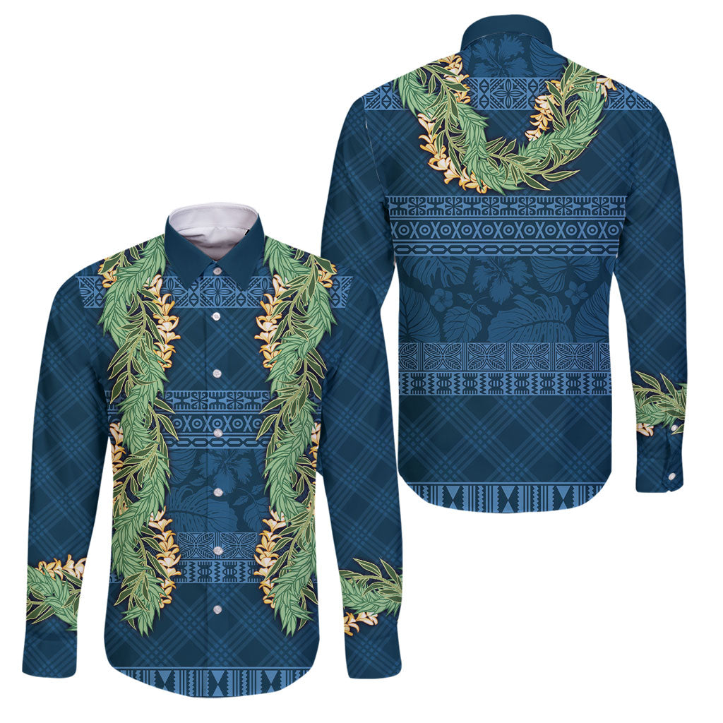 Hawai'i Paniolo Maile Twisted Lei Family Matching Puletasi and Hawaiian Shirt Cobalt Blue LT7 Dad's Shirt - Long Sleeve Cobalt Blue - Polynesian Pride