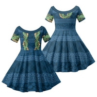 Hawai'i Paniolo Maile Twisted Lei Family Matching Puletasi and Hawaiian Shirt Cobalt Blue LT7 Daughter's Dress Cobalt Blue - Polynesian Pride