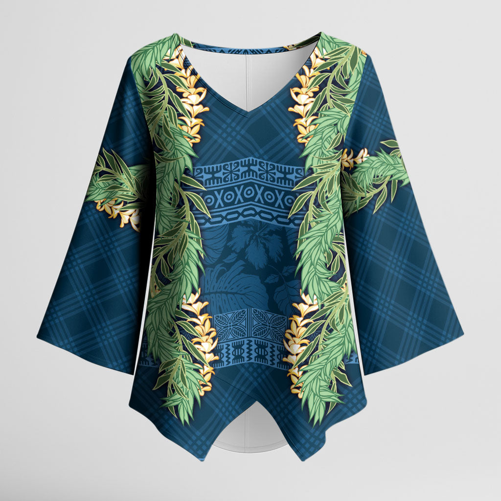 Hawai'i Paniolo Maile Twisted Lei Kimono Sleeve Blouse Cobalt Blue