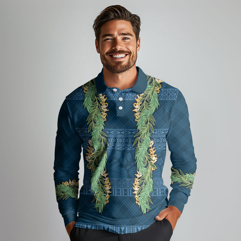 Hawai'i Paniolo Maile Twisted Lei Long Sleeve Polo Shirt Cobalt Blue LT7 - Polynesian Pride