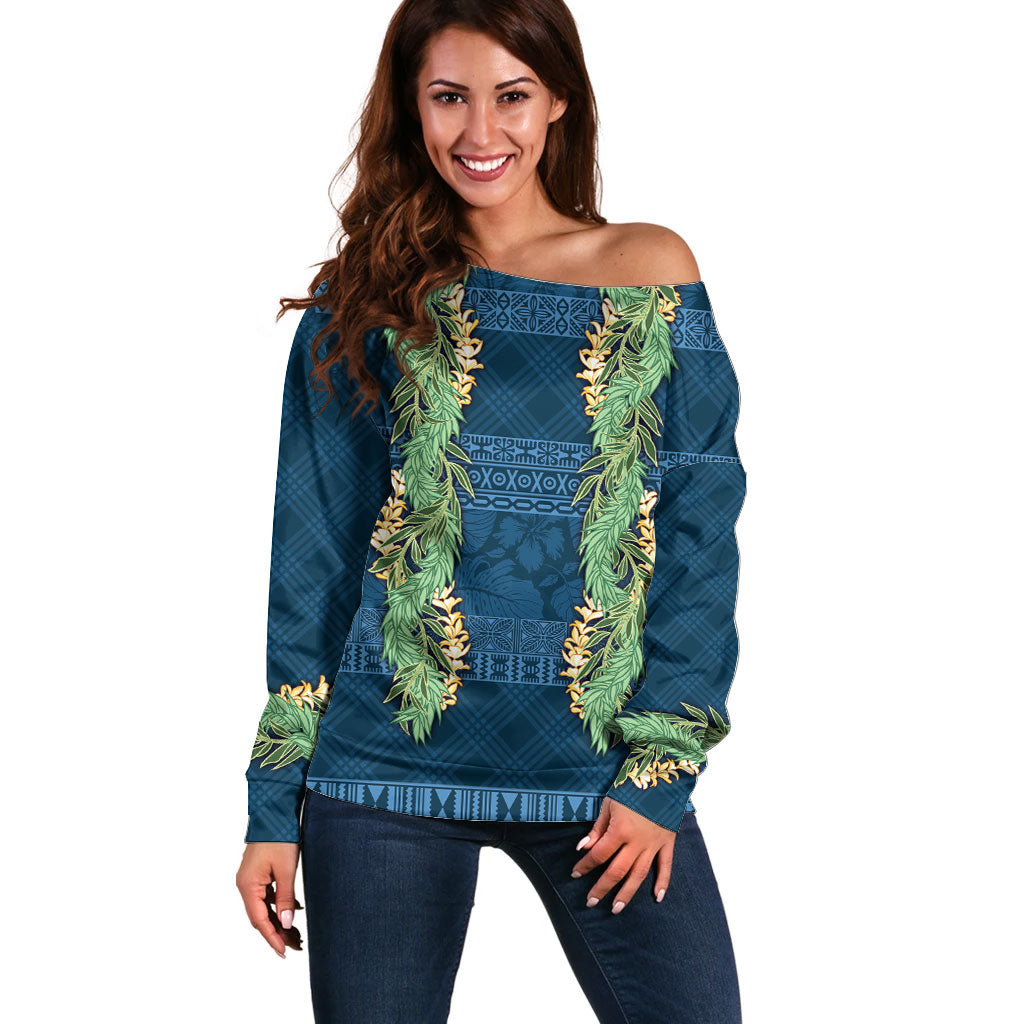 Hawai'i Paniolo Maile Twisted Lei Off Shoulder Sweater Cobalt Blue LT7 Women Cobalt Blue - Polynesian Pride