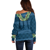 Hawai'i Paniolo Maile Twisted Lei Off Shoulder Sweater Cobalt Blue LT7 - Polynesian Pride