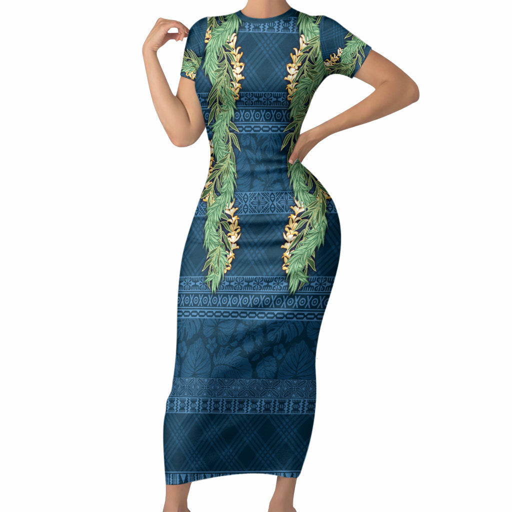 Hawai'i Paniolo Maile Twisted Lei Short Sleeve Bodycon Dress Cobalt Blue