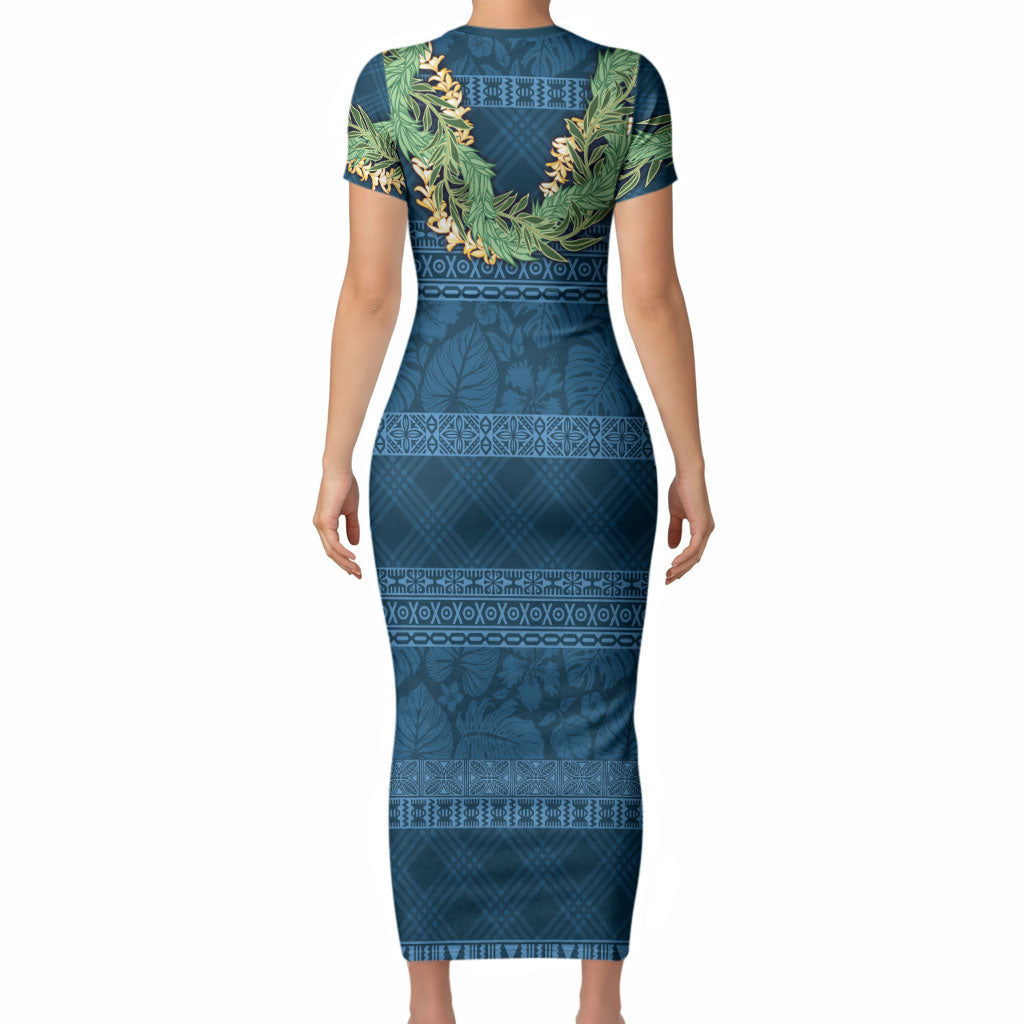 Hawai'i Paniolo Maile Twisted Lei Short Sleeve Bodycon Dress Cobalt Blue LT7 - Polynesian Pride