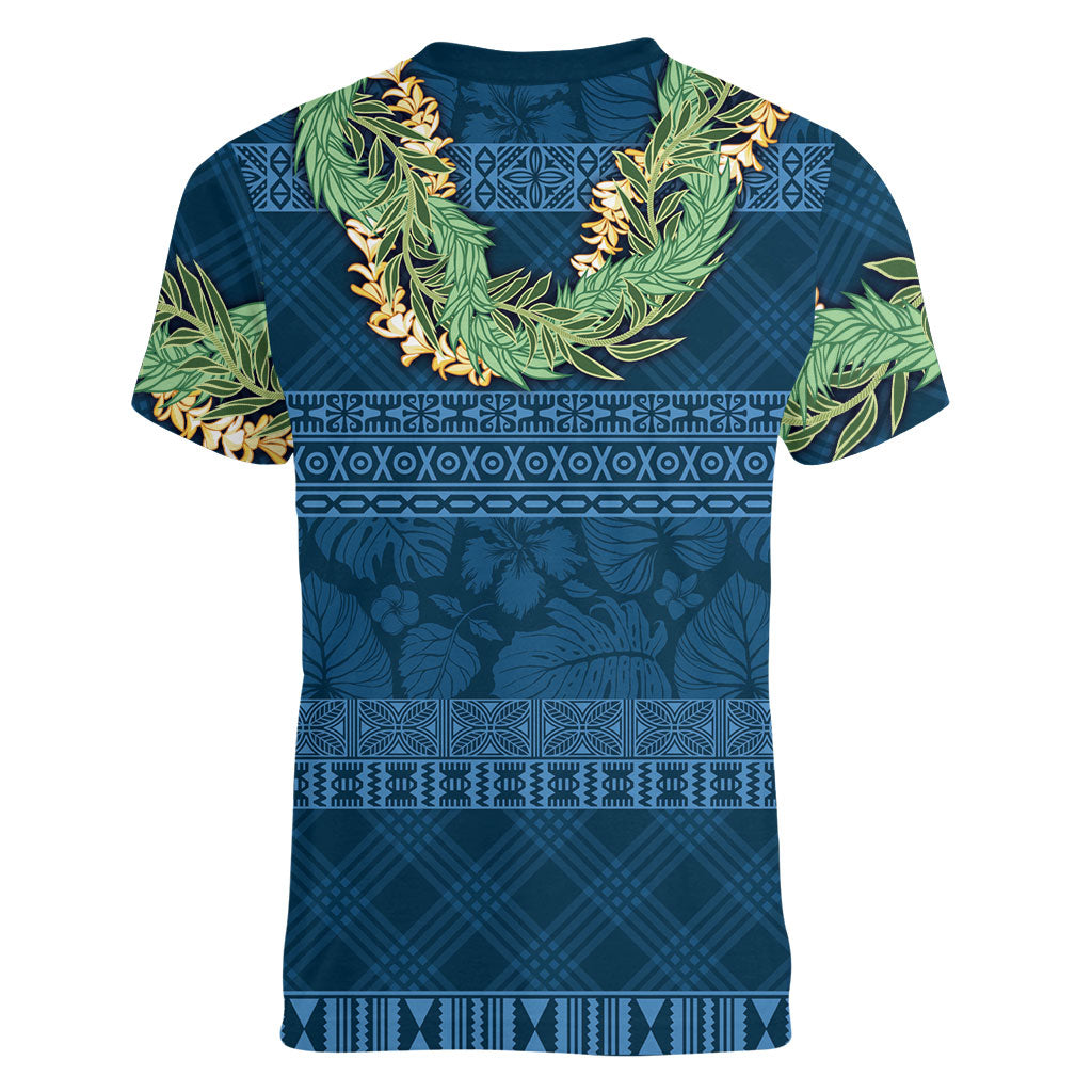 Hawai'i Paniolo Maile Twisted Lei Women V-Neck T-Shirt Cobalt Blue LT7 - Polynesian Pride