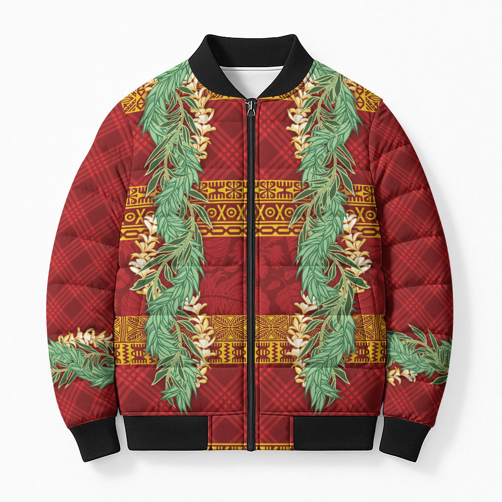 Hawai'i Paniolo Maile Twisted Lei Bomber Puffer Jacket Hilo Royal Red LT7 Unisex Red - Polynesian Pride