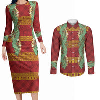 Hawai'i Paniolo Maile Twisted Lei Couples Matching Long Sleeve Bodycon Dress and Long Sleeve Button Shirt Hilo Royal Red LT7 Red - Polynesian Pride