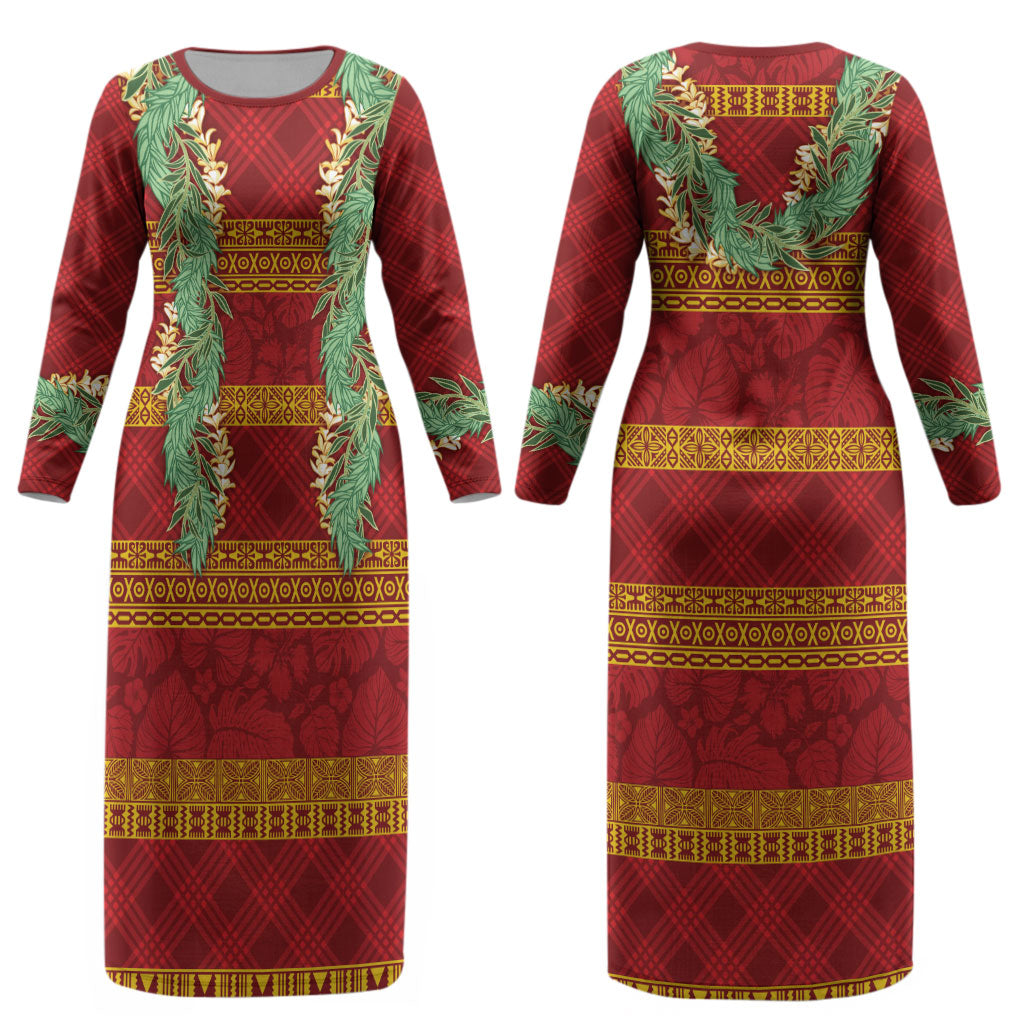 Hawai'i Paniolo Maile Twisted Lei Couples Matching Long Sleeve Bodycon Dress and Long Sleeve Button Shirt Hilo Royal Red LT7 - Polynesian Pride