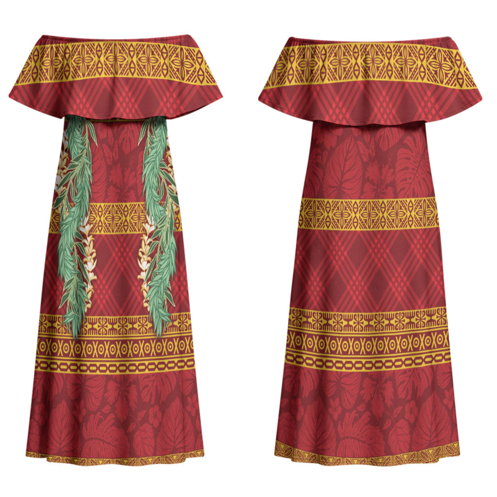 Hawai'i Paniolo Maile Twisted Lei Couples Matching Off Shoulder Maxi Dress and Hawaiian Shirt Hilo Royal Red LT7 - Polynesian Pride