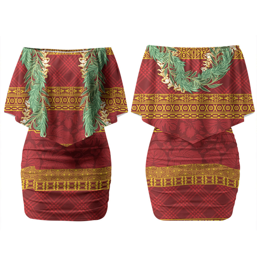 Hawai'i Paniolo Maile Twisted Lei Couples Matching Off Shoulder Short Dress and Hawaiian Shirt Hilo Royal Red LT7 - Polynesian Pride