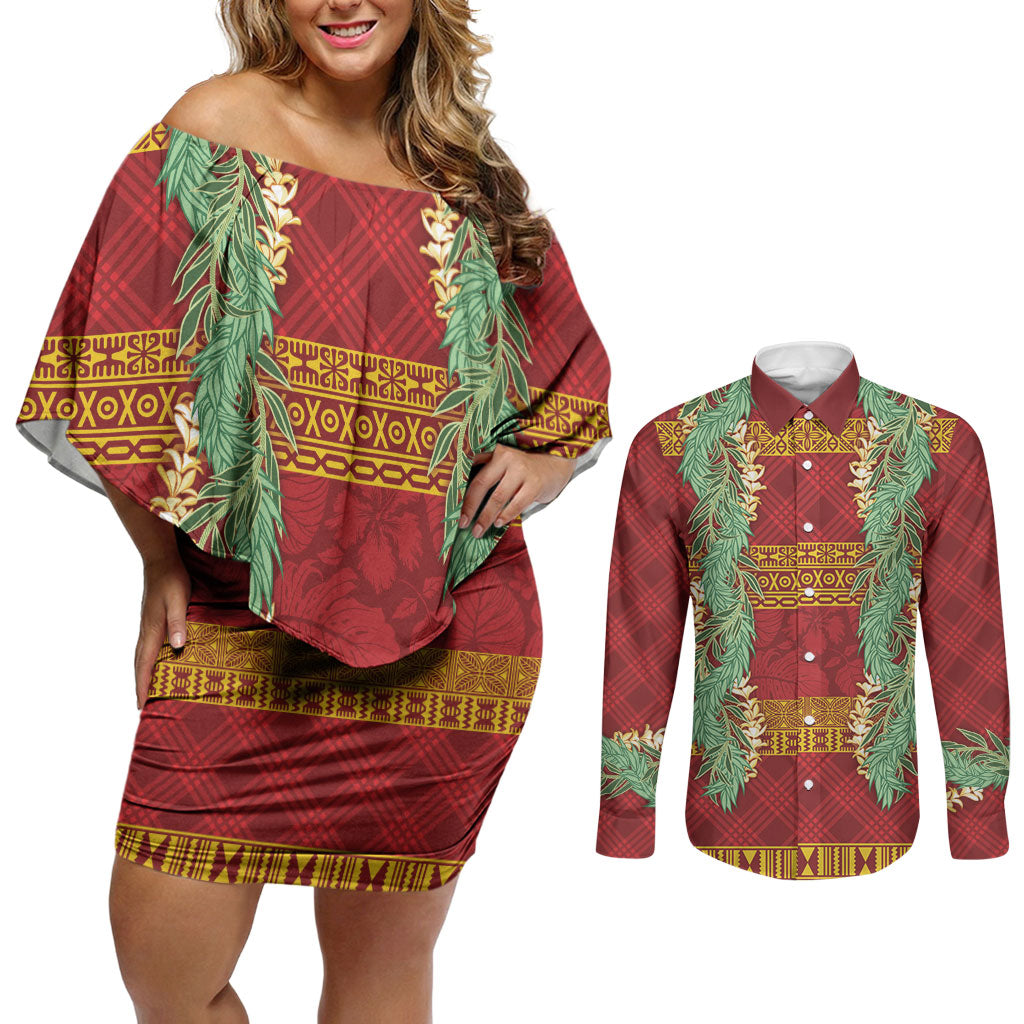 Hawai'i Paniolo Maile Twisted Lei Couples Matching Off Shoulder Short Dress and Long Sleeve Button Shirt Hilo Royal Red LT7 Red - Polynesian Pride