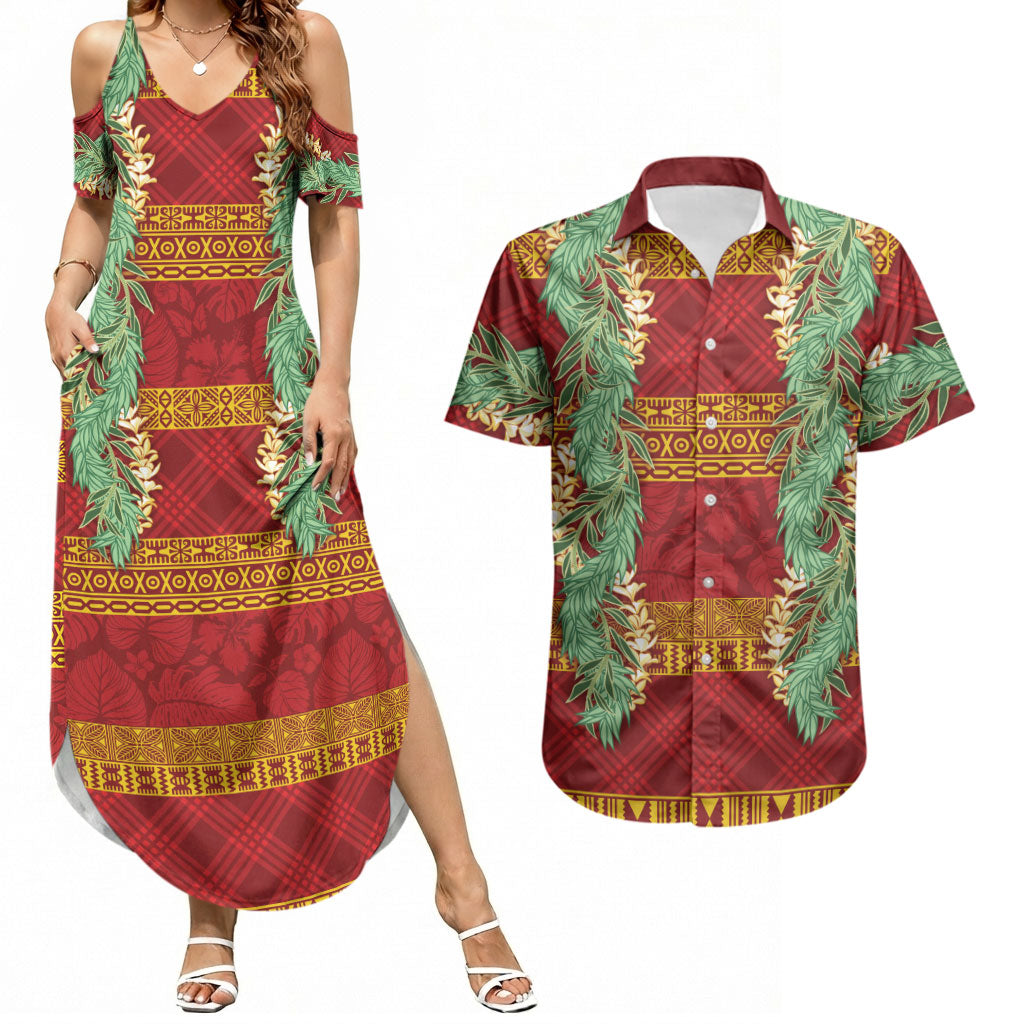 Hawai'i Paniolo Maile Twisted Lei Couples Matching Summer Maxi Dress and Hawaiian Shirt Hilo Royal Red LT7 Red - Polynesian Pride