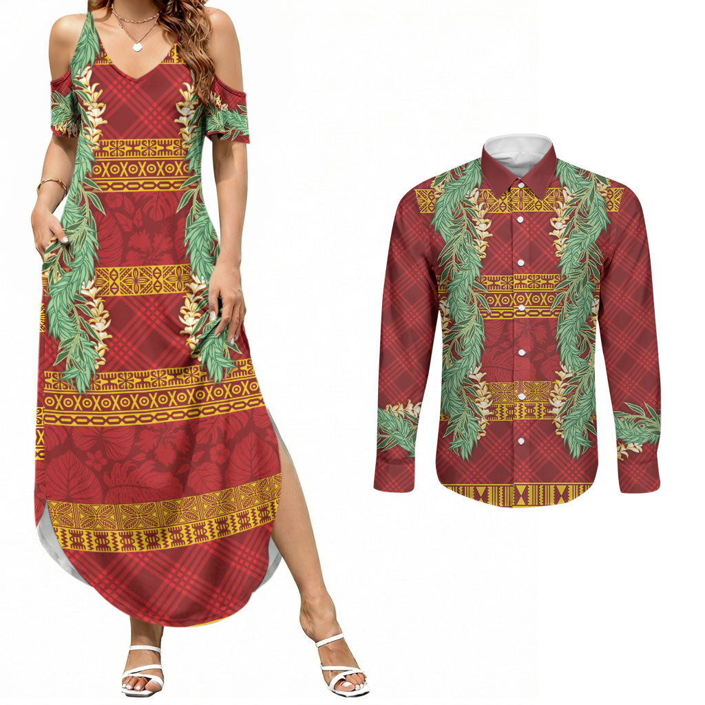 Hawai'i Paniolo Maile Twisted Lei Couples Matching Summer Maxi Dress and Long Sleeve Button Shirt Hilo Royal Red LT7 Red - Polynesian Pride