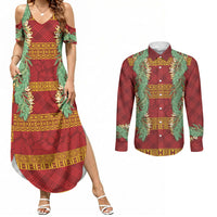 Hawai'i Paniolo Maile Twisted Lei Couples Matching Summer Maxi Dress and Long Sleeve Button Shirt Hilo Royal Red LT7 Red - Polynesian Pride