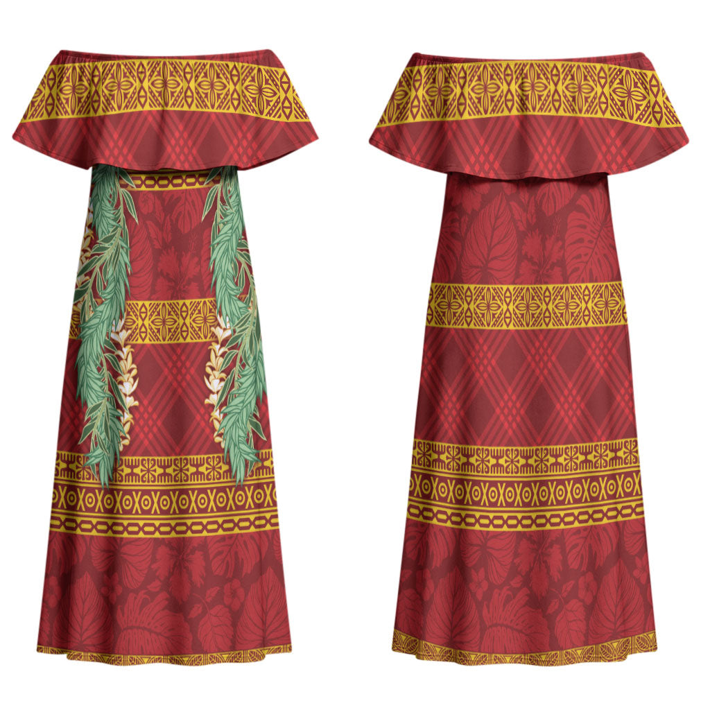 Hawai'i Paniolo Maile Twisted Lei Family Matching Off Shoulder Maxi Dress and Hawaiian Shirt Hilo Royal Red LT7 Mom's Dress Red - Polynesian Pride