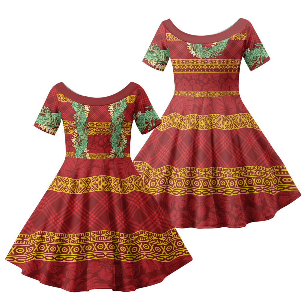 Hawai'i Paniolo Maile Twisted Lei Family Matching Off Shoulder Maxi Dress and Hawaiian Shirt Hilo Royal Red LT7 Daughter's Dress Red - Polynesian Pride