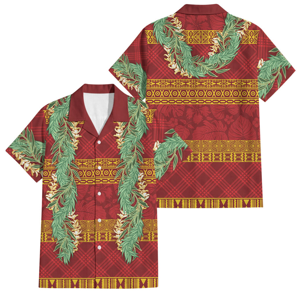 Hawai'i Paniolo Maile Twisted Lei Family Matching Off Shoulder Short Dress and Hawaiian Shirt Hilo Royal Red LT7 Dad's Shirt - Short Sleeve Red - Polynesian Pride