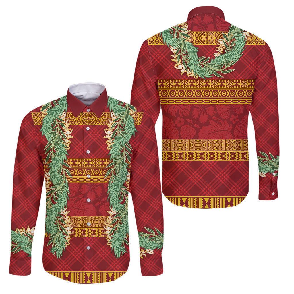 Hawai'i Paniolo Maile Twisted Lei Family Matching Off Shoulder Short Dress and Hawaiian Shirt Hilo Royal Red LT7 Dad's Shirt - Long Sleeve Red - Polynesian Pride
