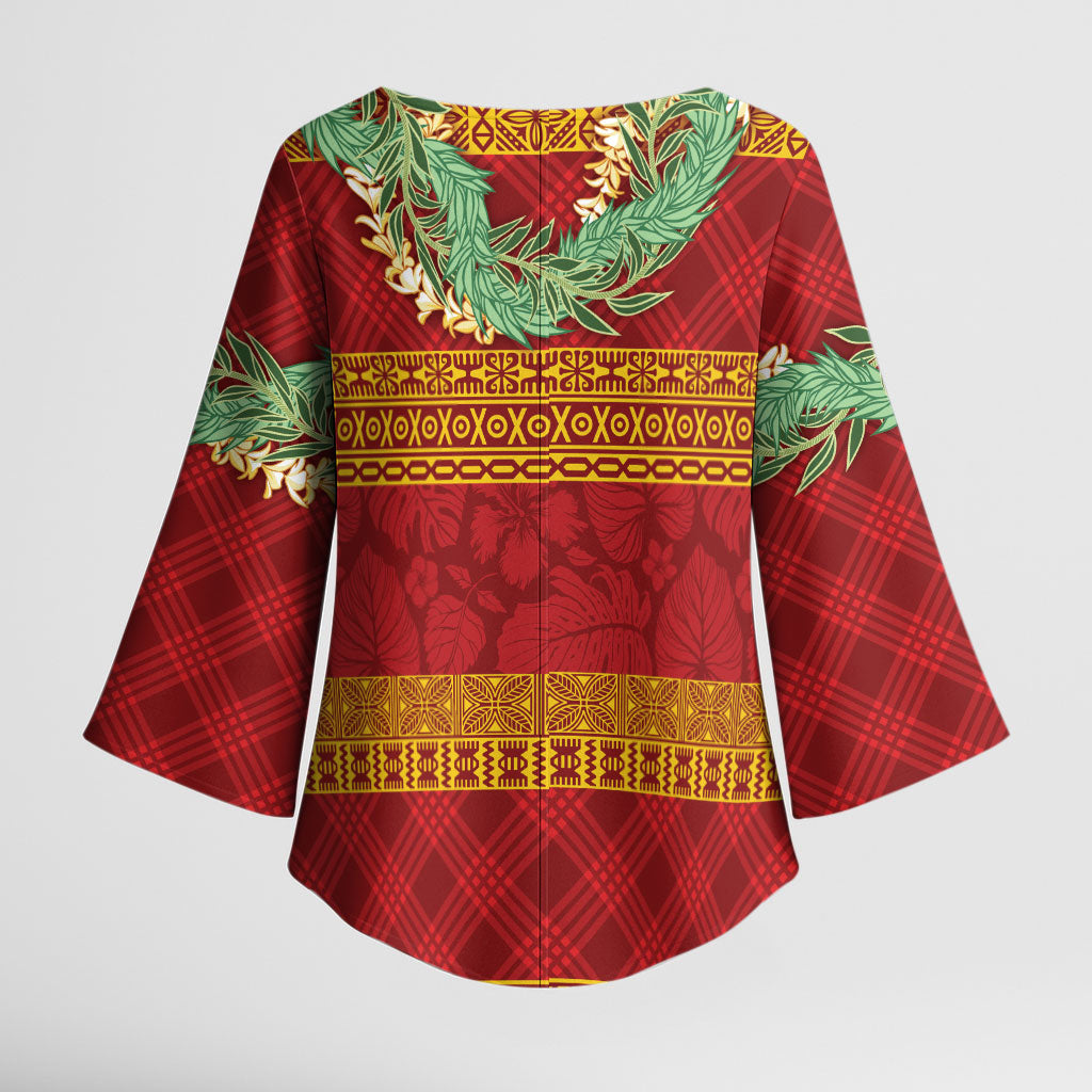 Hawai'i Paniolo Maile Twisted Lei Kimono Sleeve Blouse Hilo Royal Red LT7 - Polynesian Pride