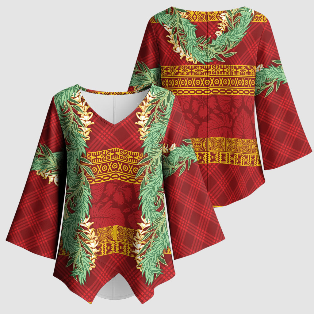 Hawai'i Paniolo Maile Twisted Lei Kimono Sleeve Blouse Hilo Royal Red LT7 - Polynesian Pride