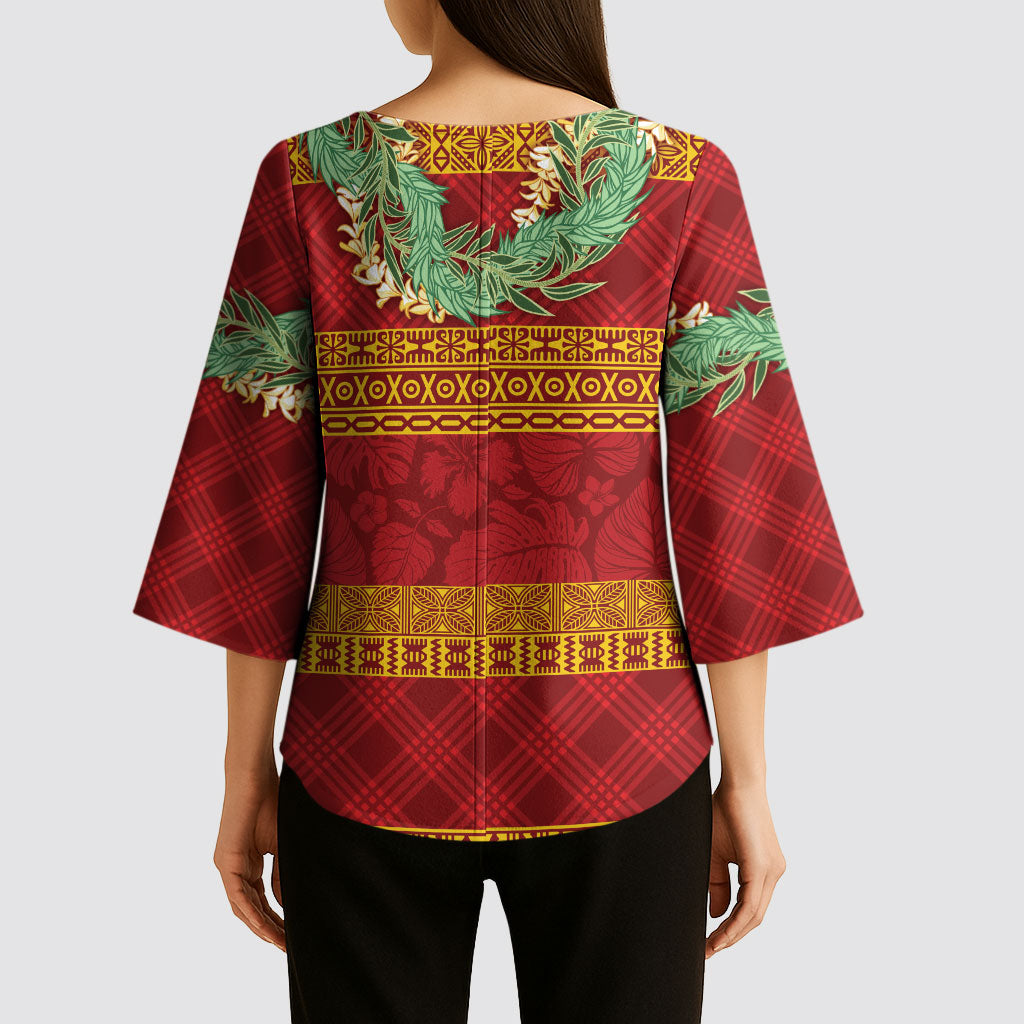 Hawai'i Paniolo Maile Twisted Lei Kimono Sleeve Blouse Hilo Royal Red LT7 - Polynesian Pride