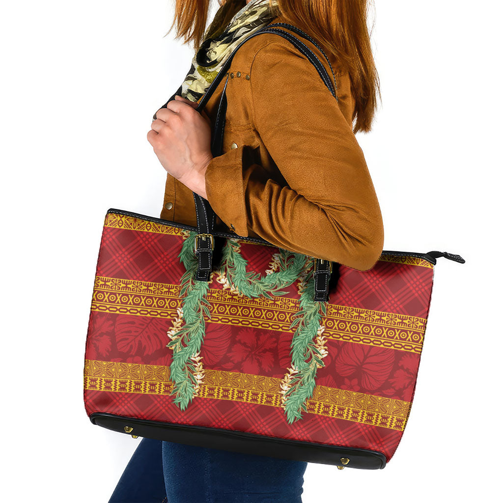 Hawai'i Paniolo Maile Twisted Lei Leather Tote Bag Hilo Royal Red LT7 Red - Polynesian Pride
