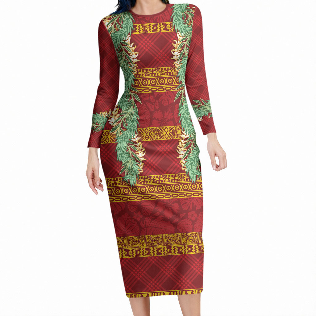 Hawai'i Paniolo Maile Twisted Lei Long Sleeve Bodycon Dress Hilo Royal Red LT7 Long Dress Red - Polynesian Pride