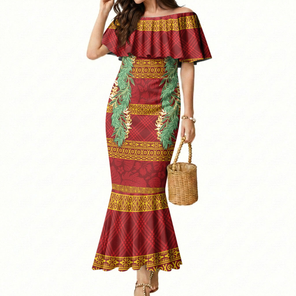 Hawai'i Paniolo Maile Twisted Lei Mermaid Dress Hilo Royal Red