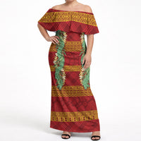 Hawai'i Paniolo Maile Twisted Lei Off Shoulder Maxi Dress Hilo Royal Red LT7 Women Red - Polynesian Pride