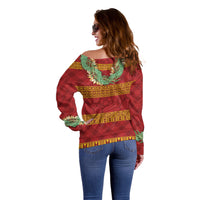 Hawai'i Paniolo Maile Twisted Lei Off Shoulder Sweater Hilo Royal Red LT7 - Polynesian Pride