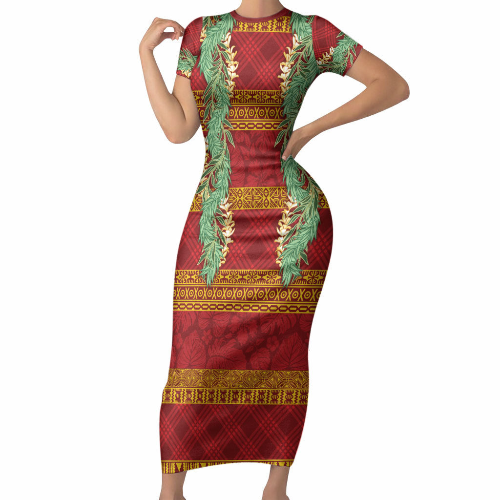 Hawai'i Paniolo Maile Twisted Lei Short Sleeve Bodycon Dress Hilo Royal Red LT7 Long Dress Red - Polynesian Pride