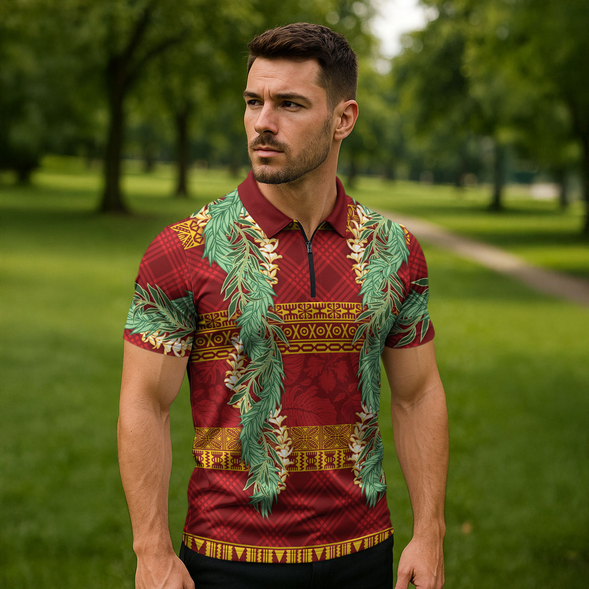 Hawai'i Paniolo Maile Twisted Lei Zipper Polo Shirt Hilo Royal Red LT7 - Polynesian Pride
