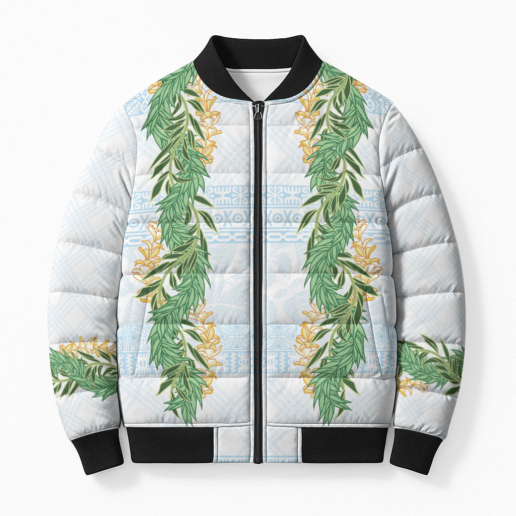 Hawai'i Paniolo Maile Twisted Lei Bomber Puffer Jacket Winter White LT7 Unisex White - Polynesian Pride