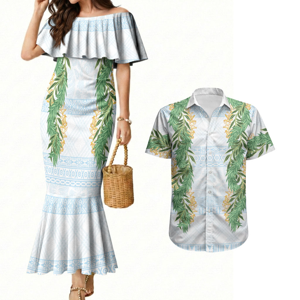 Hawai'i Paniolo Maile Twisted Lei Couples Matching Mermaid Dress and Hawaiian Shirt Winter White LT7 White - Polynesian Pride