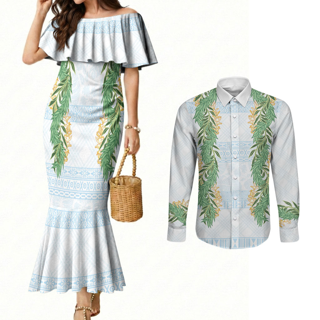 Hawai'i Paniolo Maile Twisted Lei Couples Matching Mermaid Dress and Long Sleeve Button Shirt Winter White LT7 White - Polynesian Pride