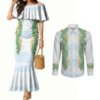 Hawai'i Paniolo Maile Twisted Lei Couples Matching Mermaid Dress and Long Sleeve Button Shirt Winter White LT7 White - Polynesian Pride