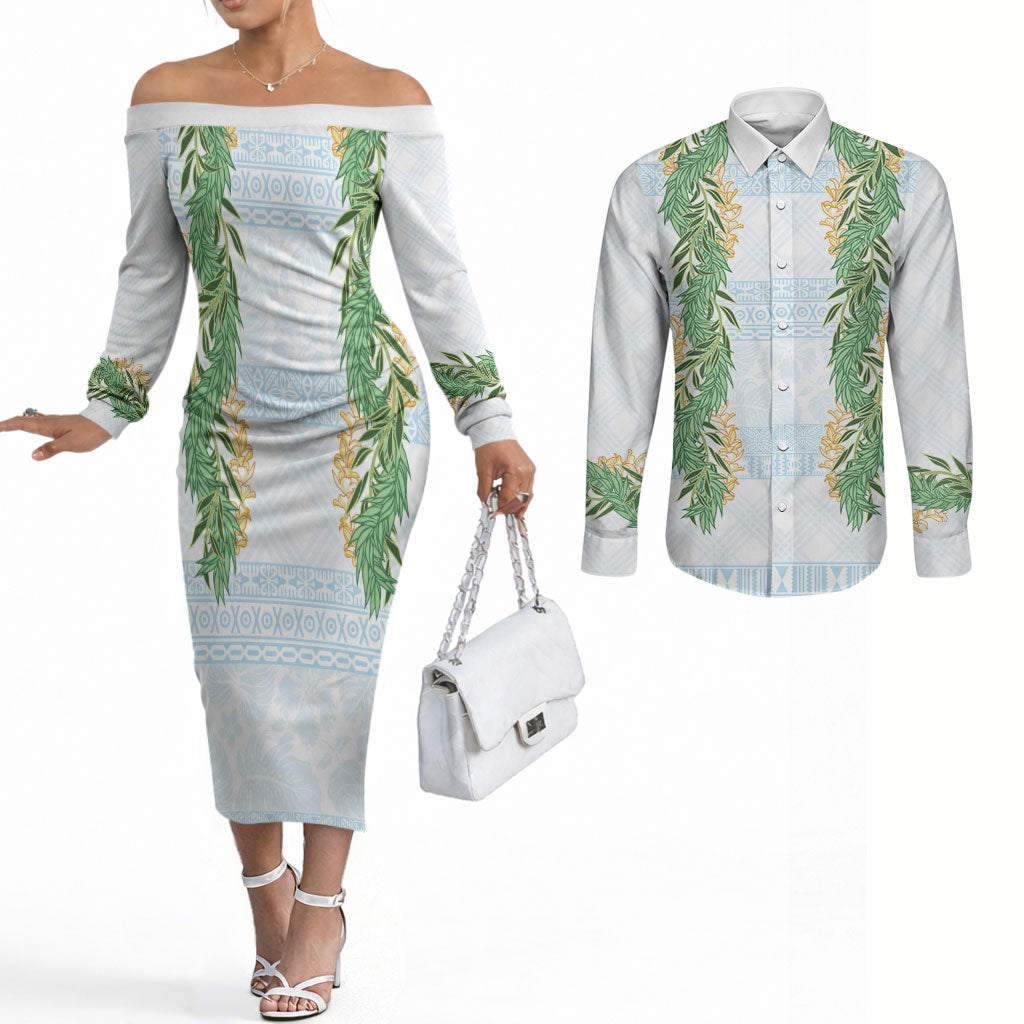 Hawai'i Paniolo Maile Twisted Lei Couples Matching Off The Shoulder Long Sleeve Dress and Long Sleeve Button Shirt Winter White LT7 White - Polynesian Pride