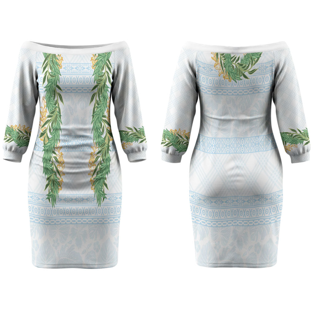 Hawai'i Paniolo Maile Twisted Lei Couples Matching Off The Shoulder Long Sleeve Dress and Long Sleeve Button Shirt Winter White LT7 - Polynesian Pride