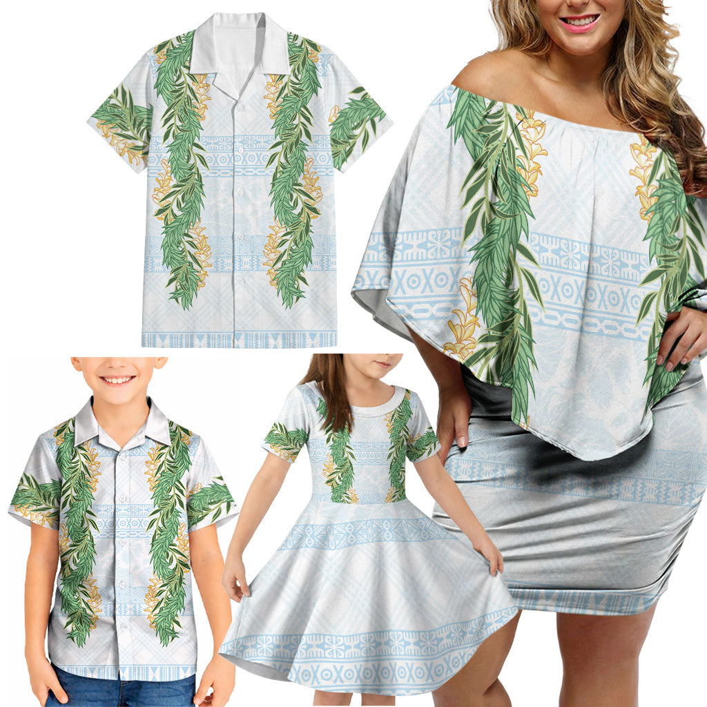 Hawai'i Paniolo Maile Twisted Lei Family Matching Off Shoulder Short Dress and Hawaiian Shirt Winter White LT7 - Polynesian Pride