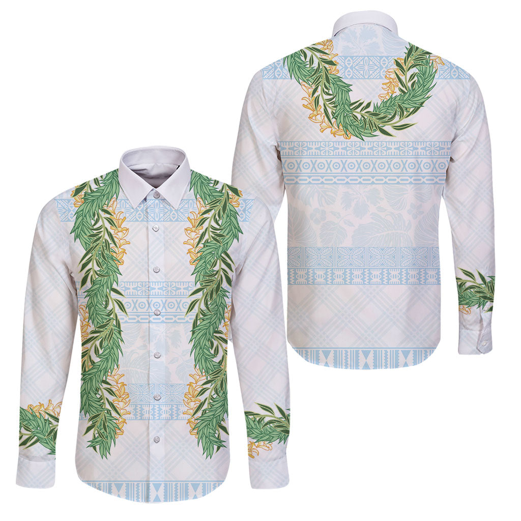 Hawai'i Paniolo Maile Twisted Lei Family Matching Off Shoulder Short Dress and Hawaiian Shirt Winter White LT7 Dad's Shirt - Long Sleeve White - Polynesian Pride