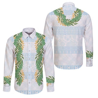 Hawai'i Paniolo Maile Twisted Lei Family Matching Off Shoulder Short Dress and Hawaiian Shirt Winter White LT7 Dad's Shirt - Long Sleeve White - Polynesian Pride