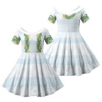 Hawai'i Paniolo Maile Twisted Lei Family Matching Off Shoulder Short Dress and Hawaiian Shirt Winter White LT7 Daughter's Dress White - Polynesian Pride