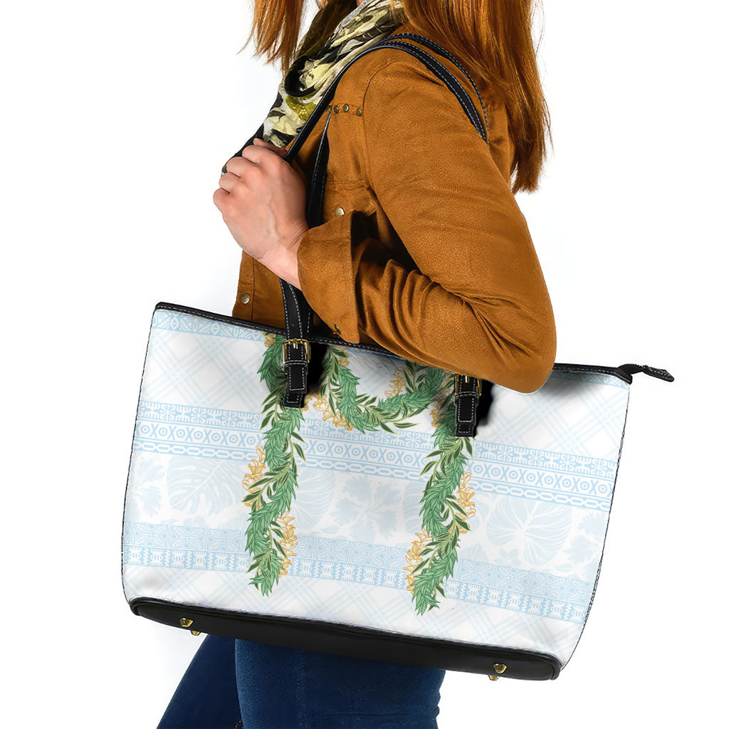 Hawai'i Paniolo Maile Twisted Lei Leather Tote Bag Winter White LT7 White - Polynesian Pride