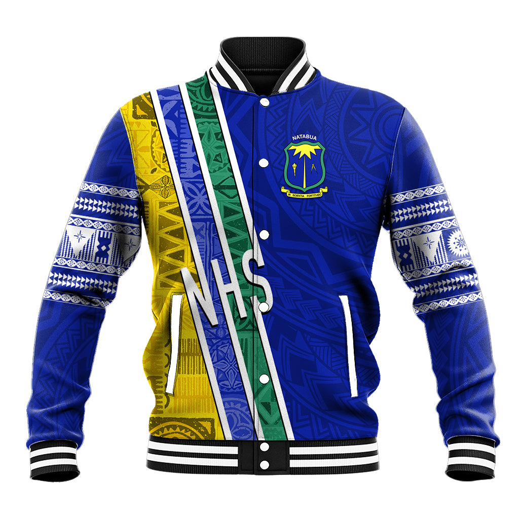 Personalised Fiji Natabua High School Baseball Jacket Kaviti Tapa Mix Colors Proud NHS LT7 Unisex Blue - Polynesian Pride
