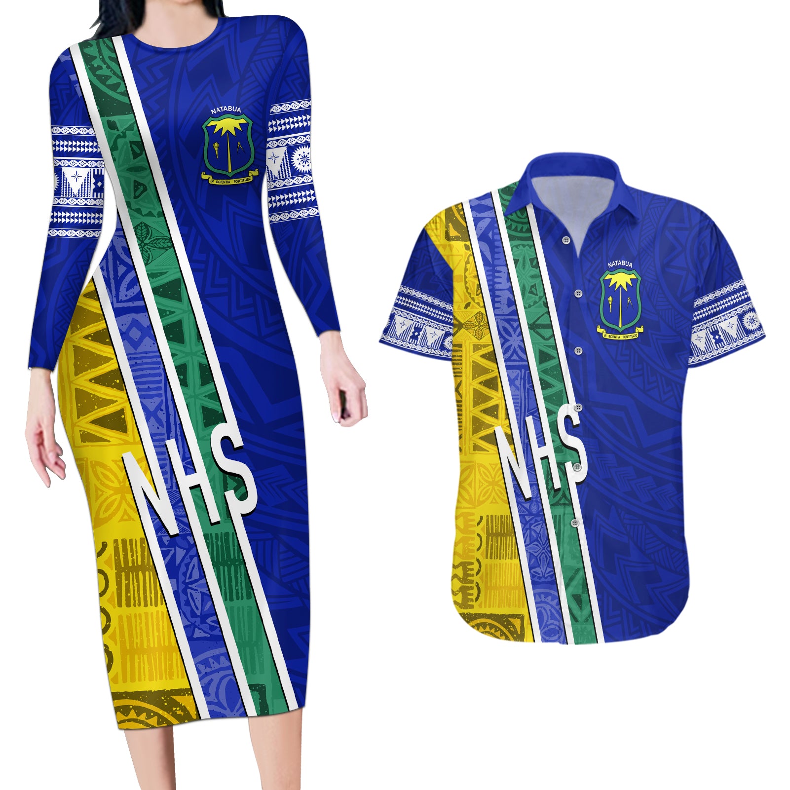 Personalised Fiji Natabua High School Couples Matching Long Sleeve Bodycon Dress and Hawaiian Shirt Kaviti Tapa Mix Colors Proud NHS LT7 Blue - Polynesian Pride